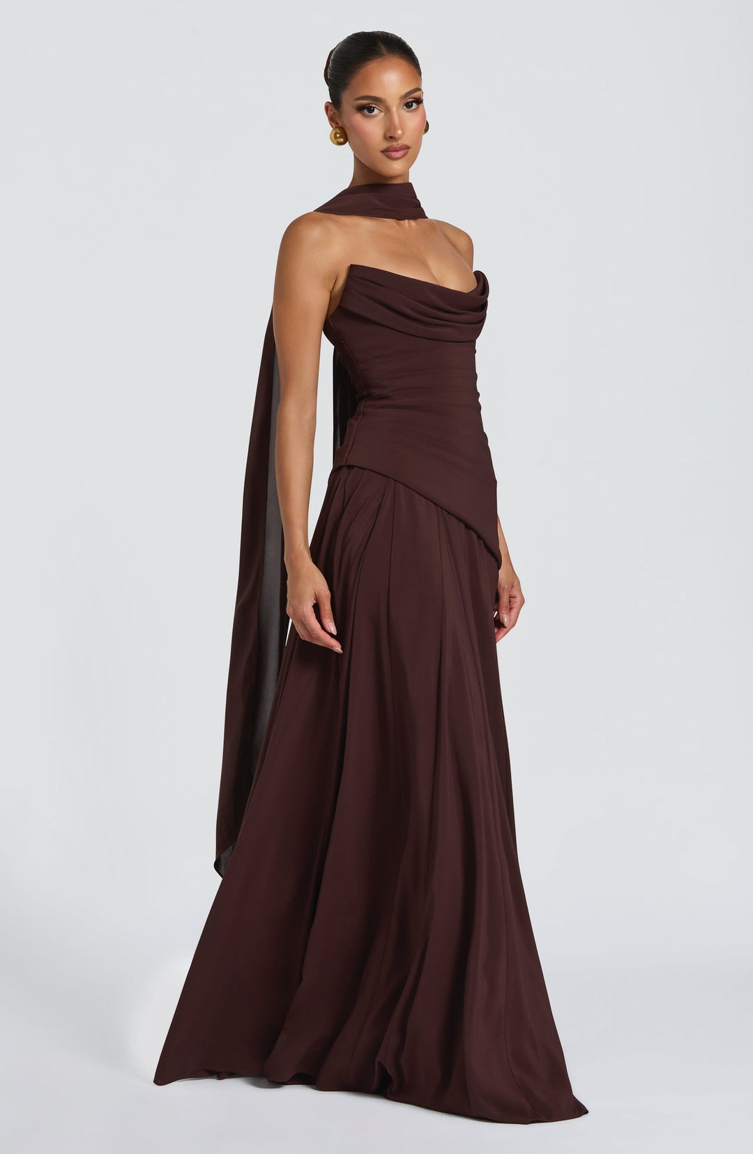 Strapless maxi dress with back ties for a fitted waist, chiffon skirt, and matching scarf
