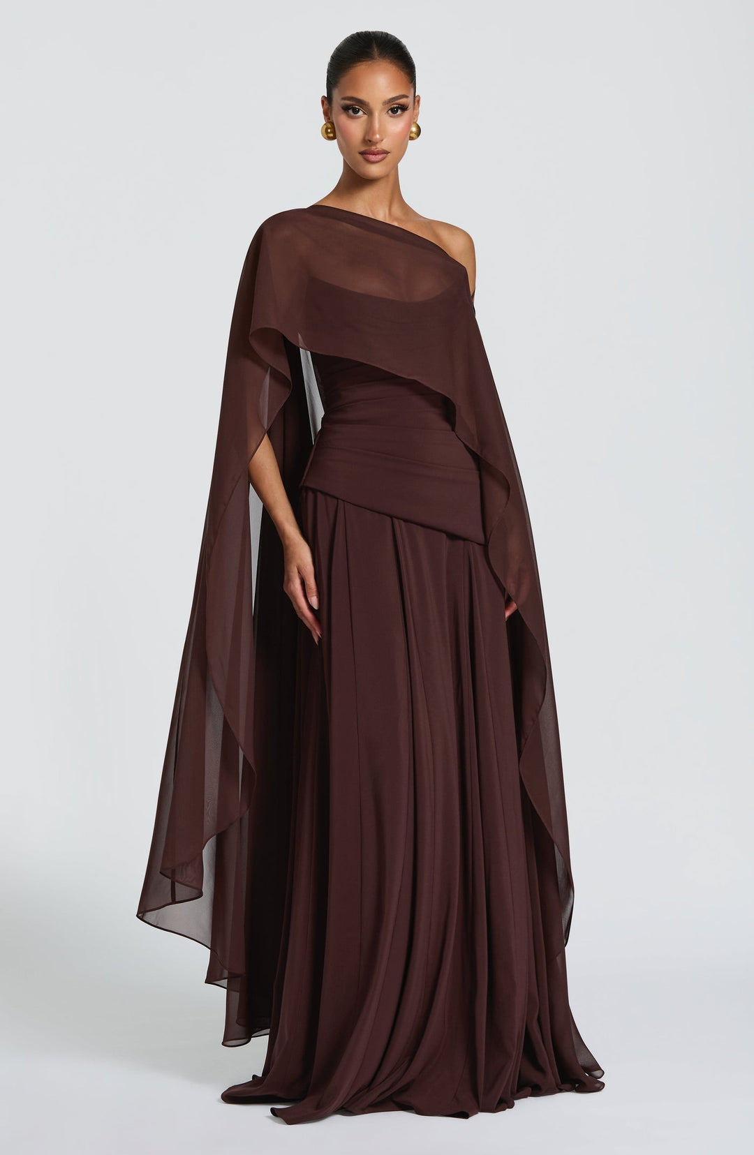 Strapless maxi dress with back ties for a fitted waist, chiffon skirt, and matching scarf