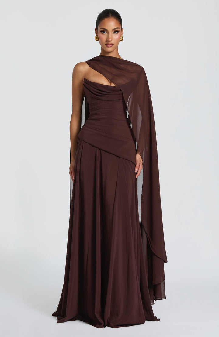 Strapless maxi dress with back ties for a fitted waist, chiffon skirt, and matching scarf