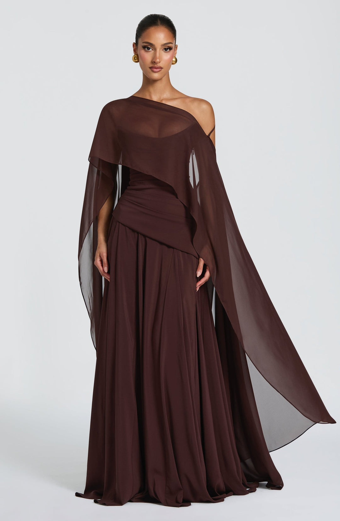 Strapless maxi dress with back ties for a fitted waist, chiffon skirt, and matching scarf
