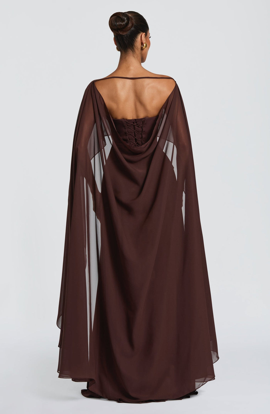 Strapless maxi dress with back ties for a fitted waist, chiffon skirt, and matching scarf