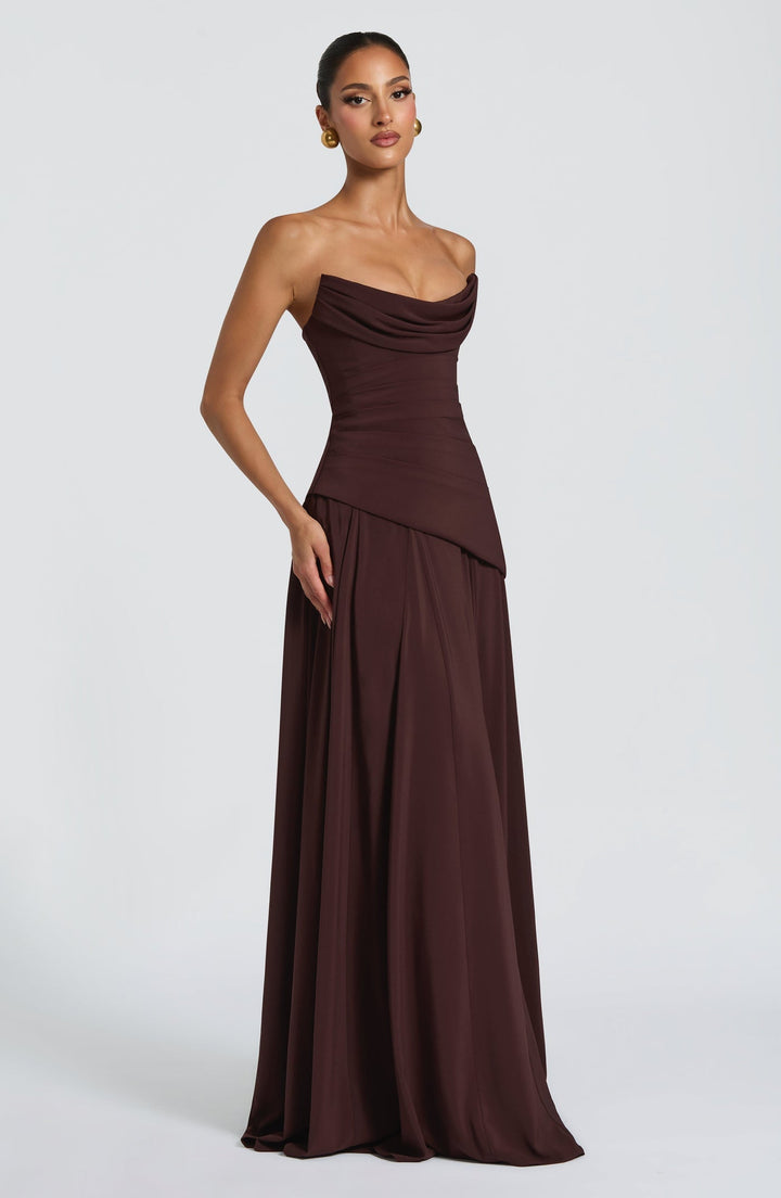Strapless maxi dress with back ties for a fitted waist, chiffon skirt, and matching scarf