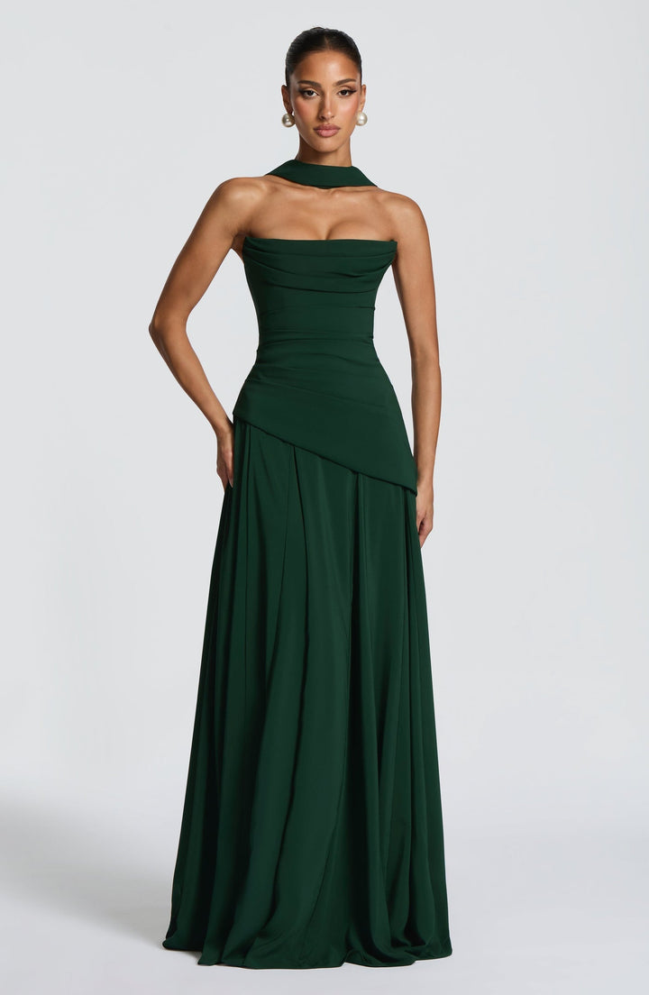 Strapless maxi dress with back ties for a fitted waist, chiffon skirt, and matching scarf