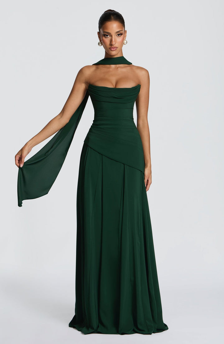 Strapless maxi dress with back ties for a fitted waist, chiffon skirt, and matching scarf