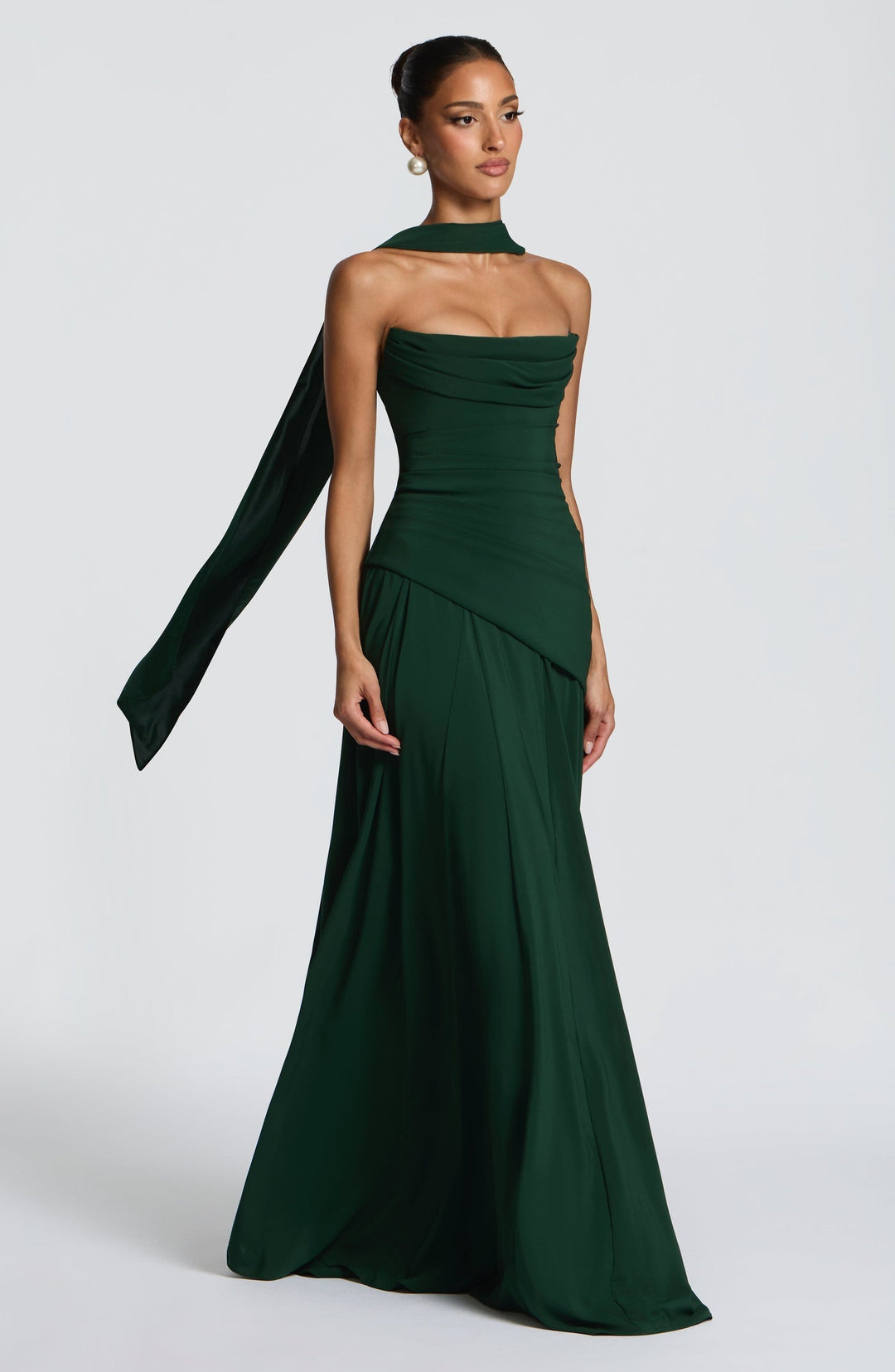 Strapless maxi dress with back ties for a fitted waist, chiffon skirt, and matching scarf
