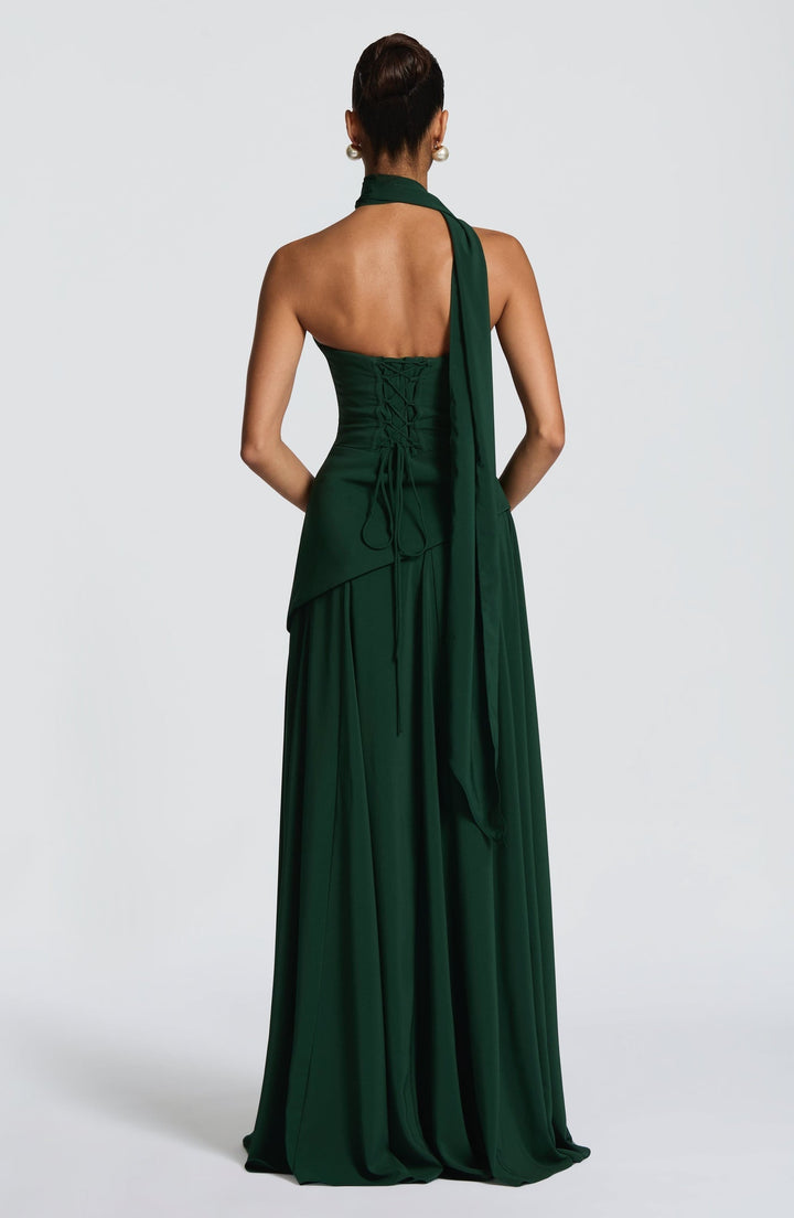 Strapless maxi dress with back ties for a fitted waist, chiffon skirt, and matching scarf