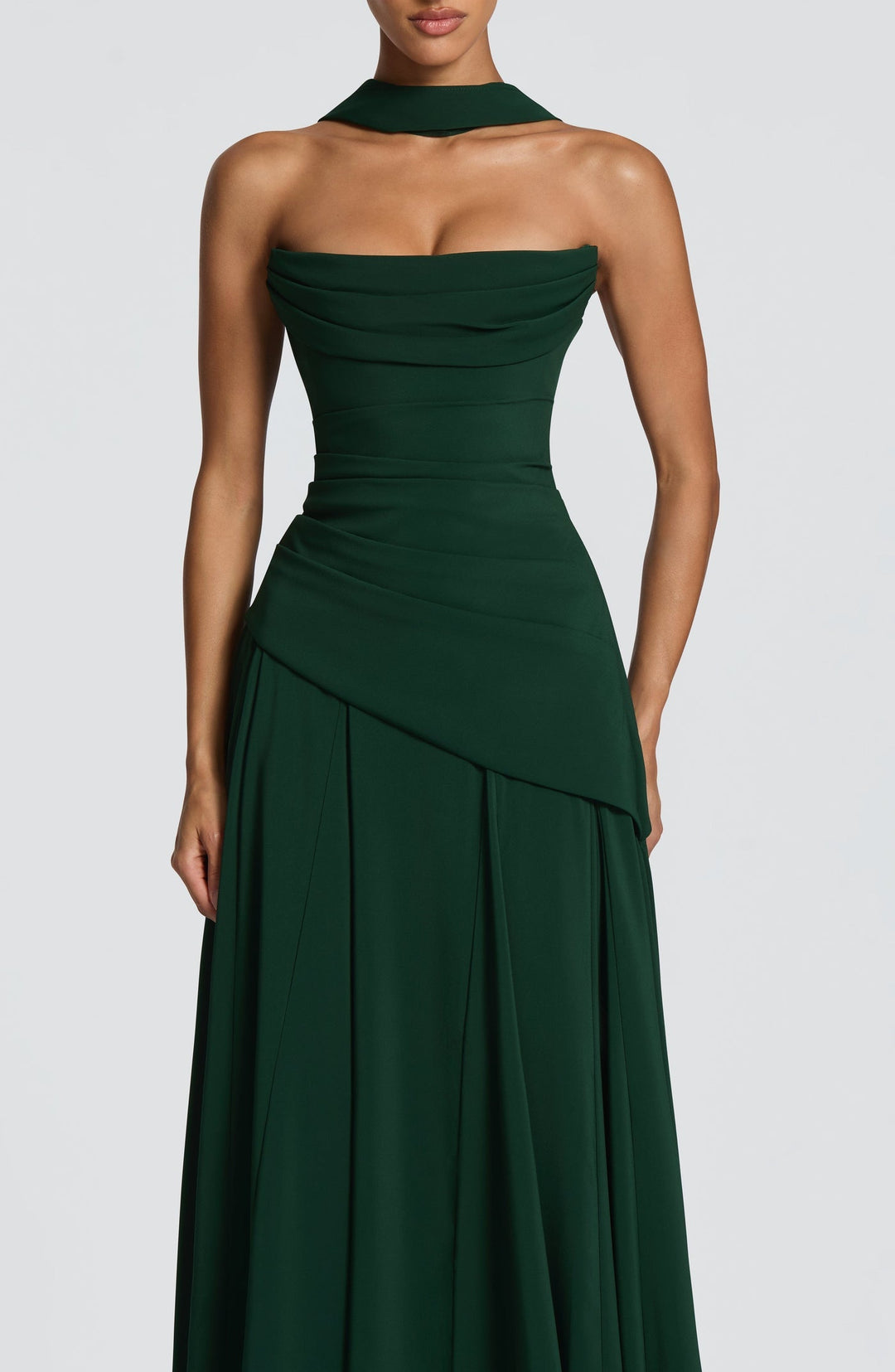 Strapless maxi dress with back ties for a fitted waist, chiffon skirt, and matching scarf
