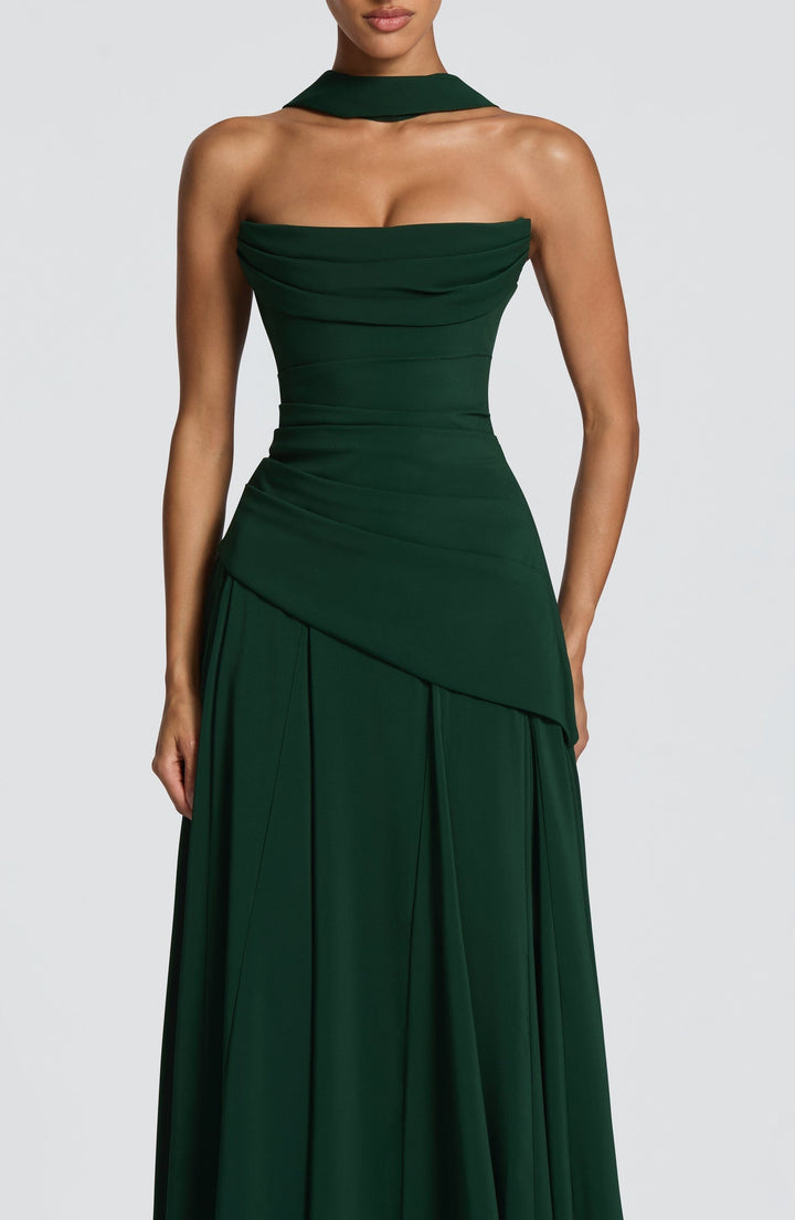 Strapless maxi dress with back ties for a fitted waist, chiffon skirt, and matching scarf