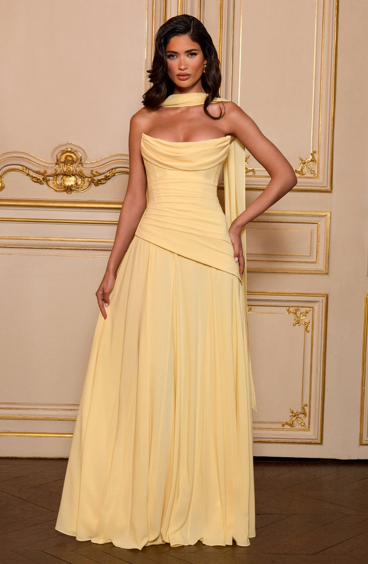 Strapless maxi dress with back ties for a fitted waist, chiffon skirt, and matching scarf