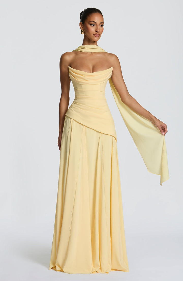 Strapless maxi dress with back ties for a fitted waist, chiffon skirt, and matching scarf