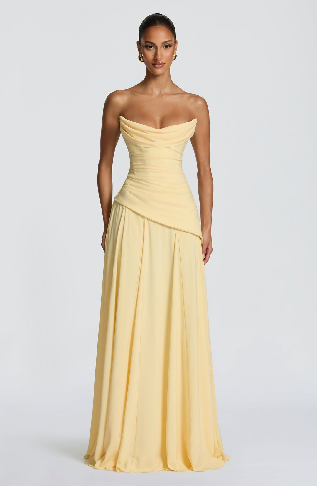 Strapless maxi dress with back ties for a fitted waist, chiffon skirt, and matching scarf