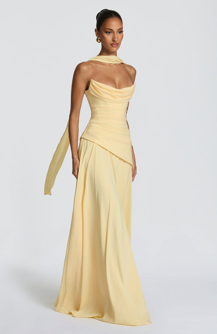 Strapless maxi dress with back ties for a fitted waist, chiffon skirt, and matching scarf