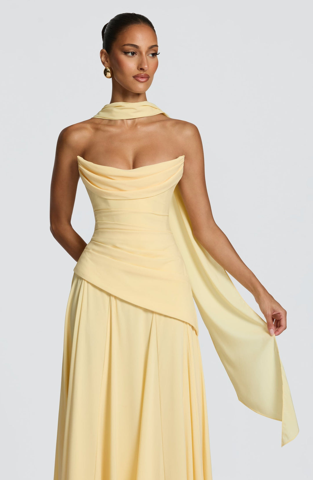 Strapless maxi dress with back ties for a fitted waist, chiffon skirt, and matching scarf