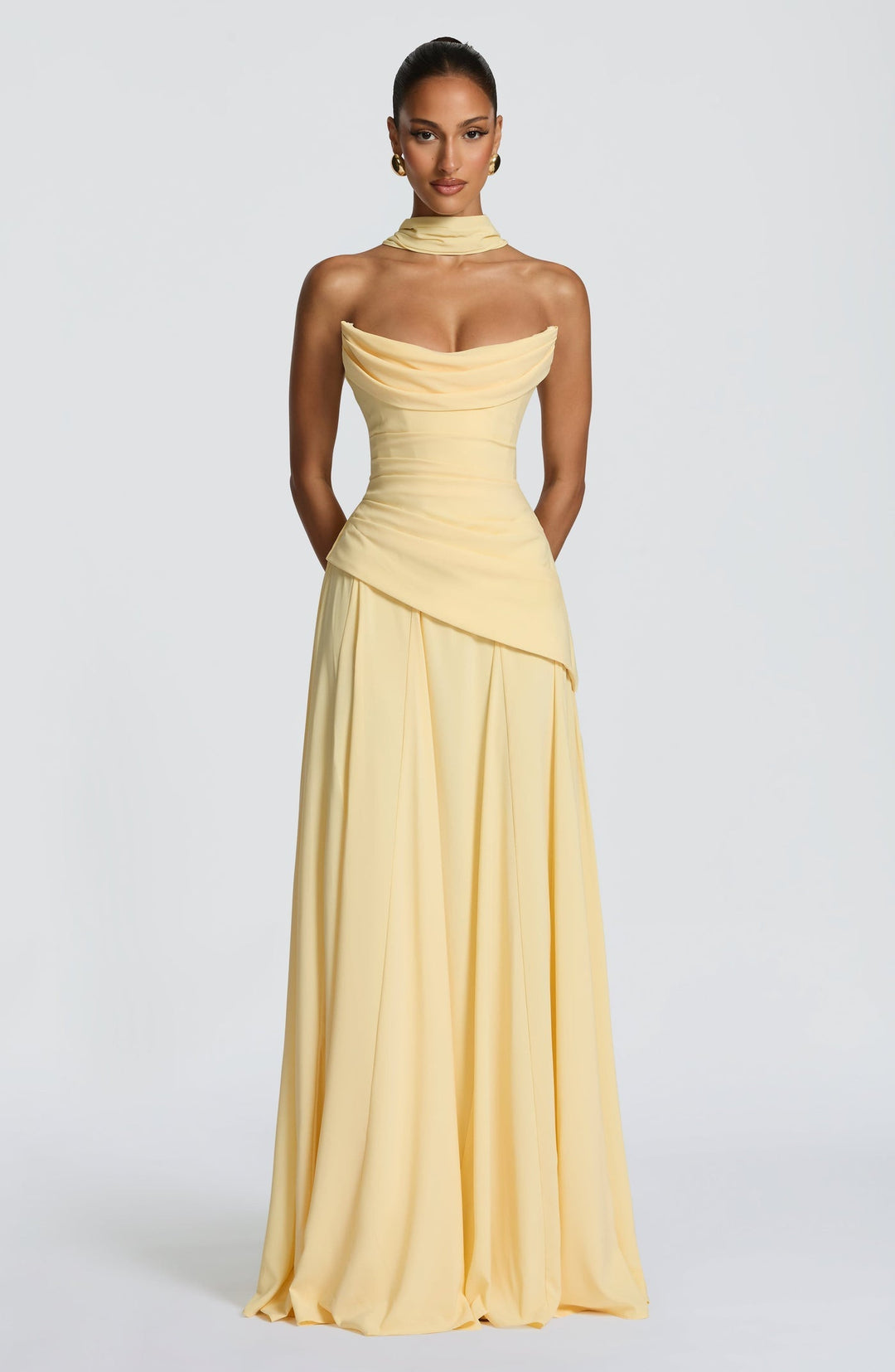 Strapless maxi dress with back ties for a fitted waist, chiffon skirt, and matching scarf