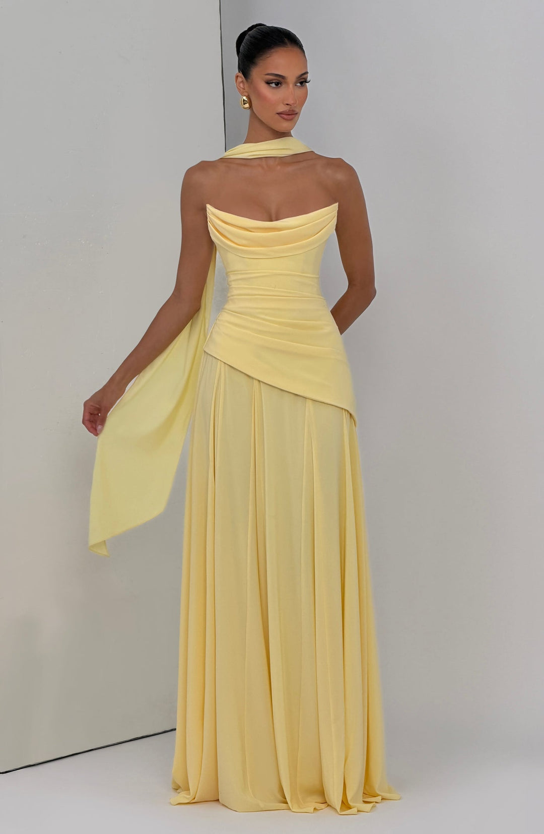 Strapless maxi dress with back ties for a fitted waist, chiffon skirt, and matching scarf