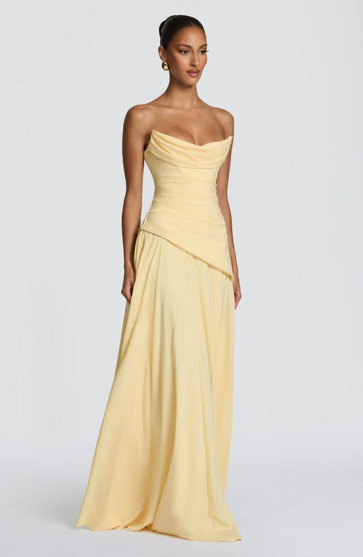 Strapless maxi dress with back ties for a fitted waist, chiffon skirt, and matching scarf