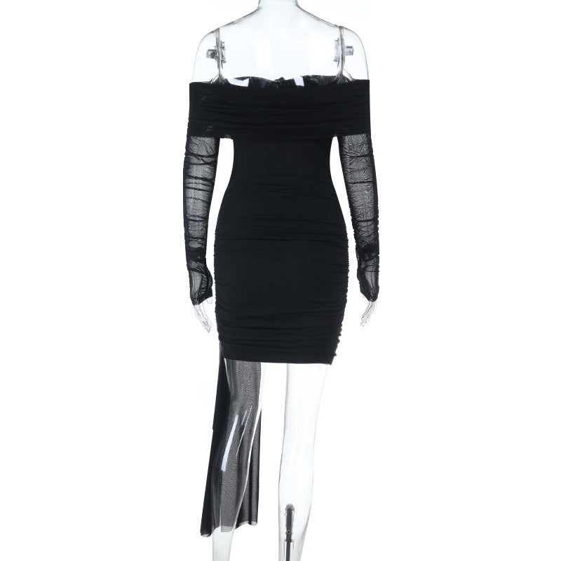 Off-the-shoulder chiffon ruched mini dress with buckle detail - Melissa