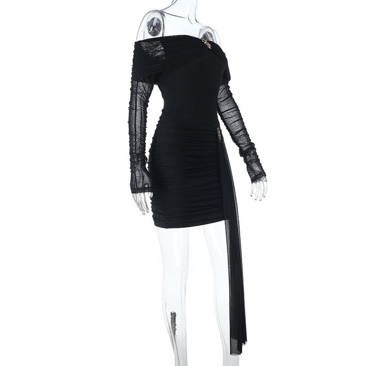 Off-the-shoulder chiffon ruched mini dress with buckle detail - Melissa