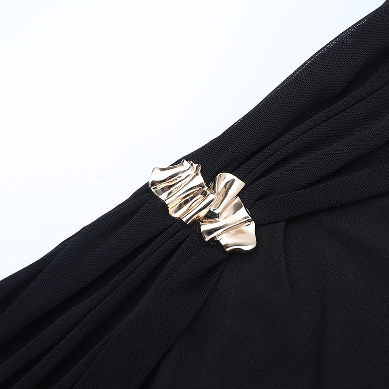 Off-the-shoulder chiffon ruched mini dress with buckle detail - Melissa