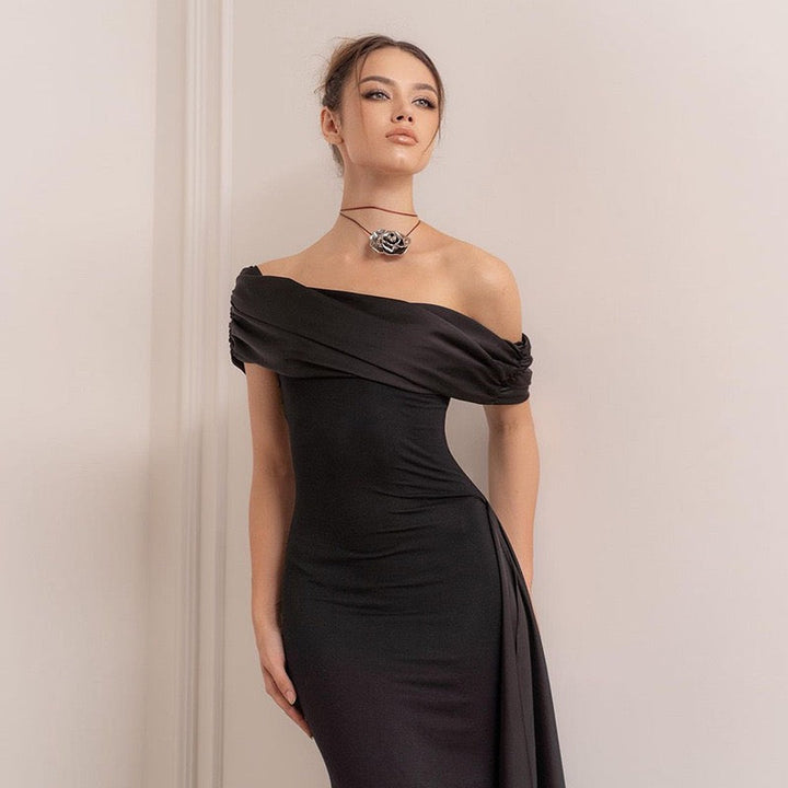 Elegant maxi dress with an off-the-shoulder design and satin trim - Floren