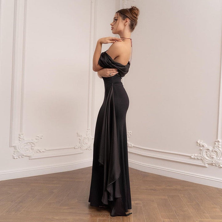 Elegant maxi dress with an off-the-shoulder design and satin trim - Floren