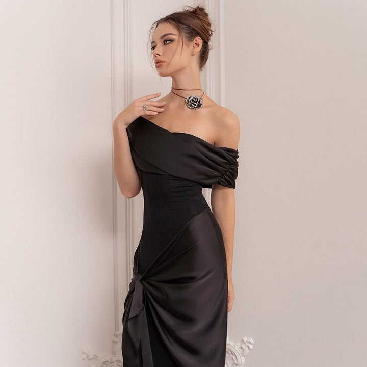 Elegant maxi dress with an off-the-shoulder design and satin trim - Floren
