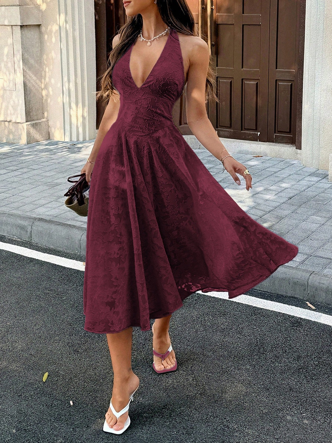 Lace midi dress with neck ties and an open back – Lin