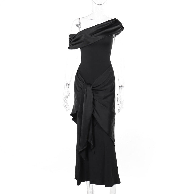 Elegant maxi dress with an off-the-shoulder design and satin trim - Floren