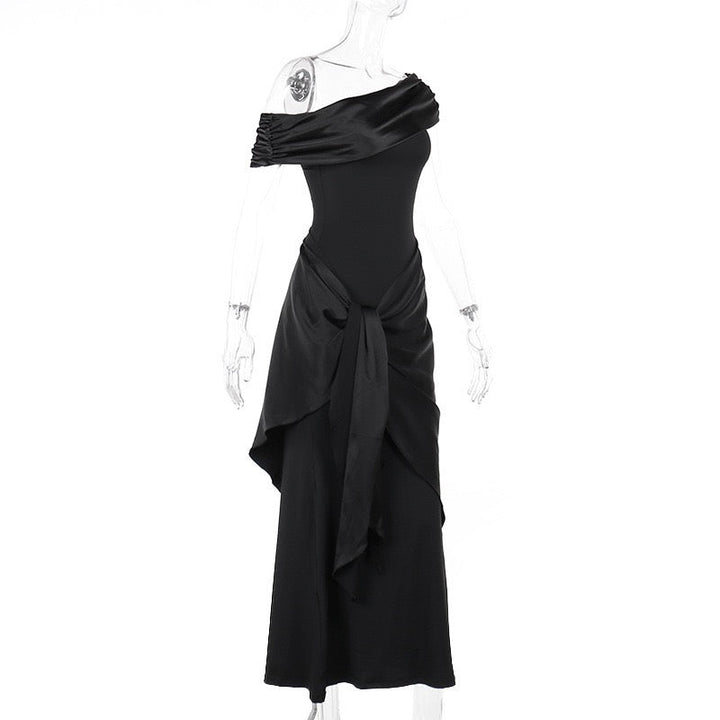 Elegant maxi dress with an off-the-shoulder design and satin trim - Floren