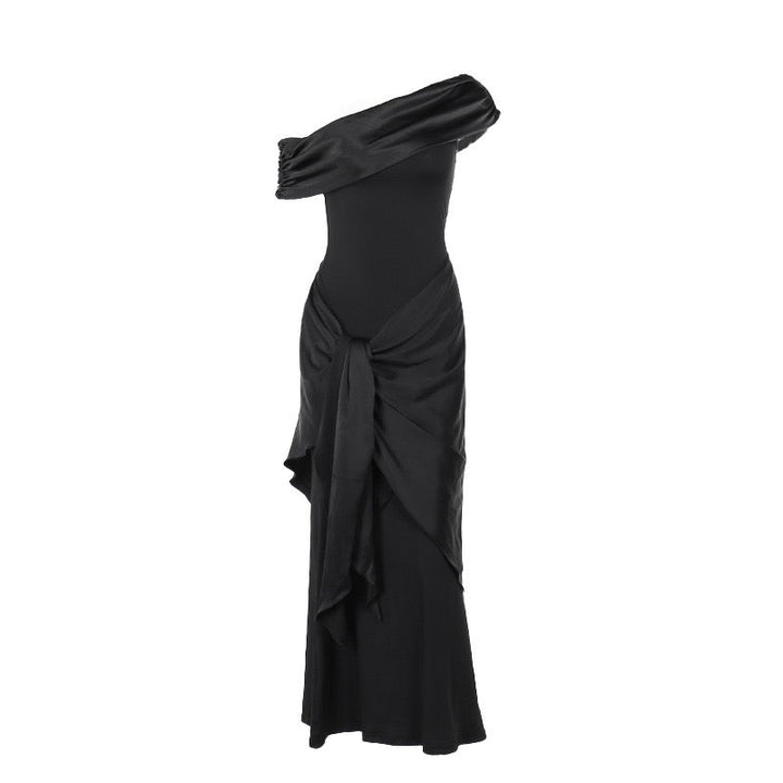 Elegant maxi dress with an off-the-shoulder design and satin trim - Floren