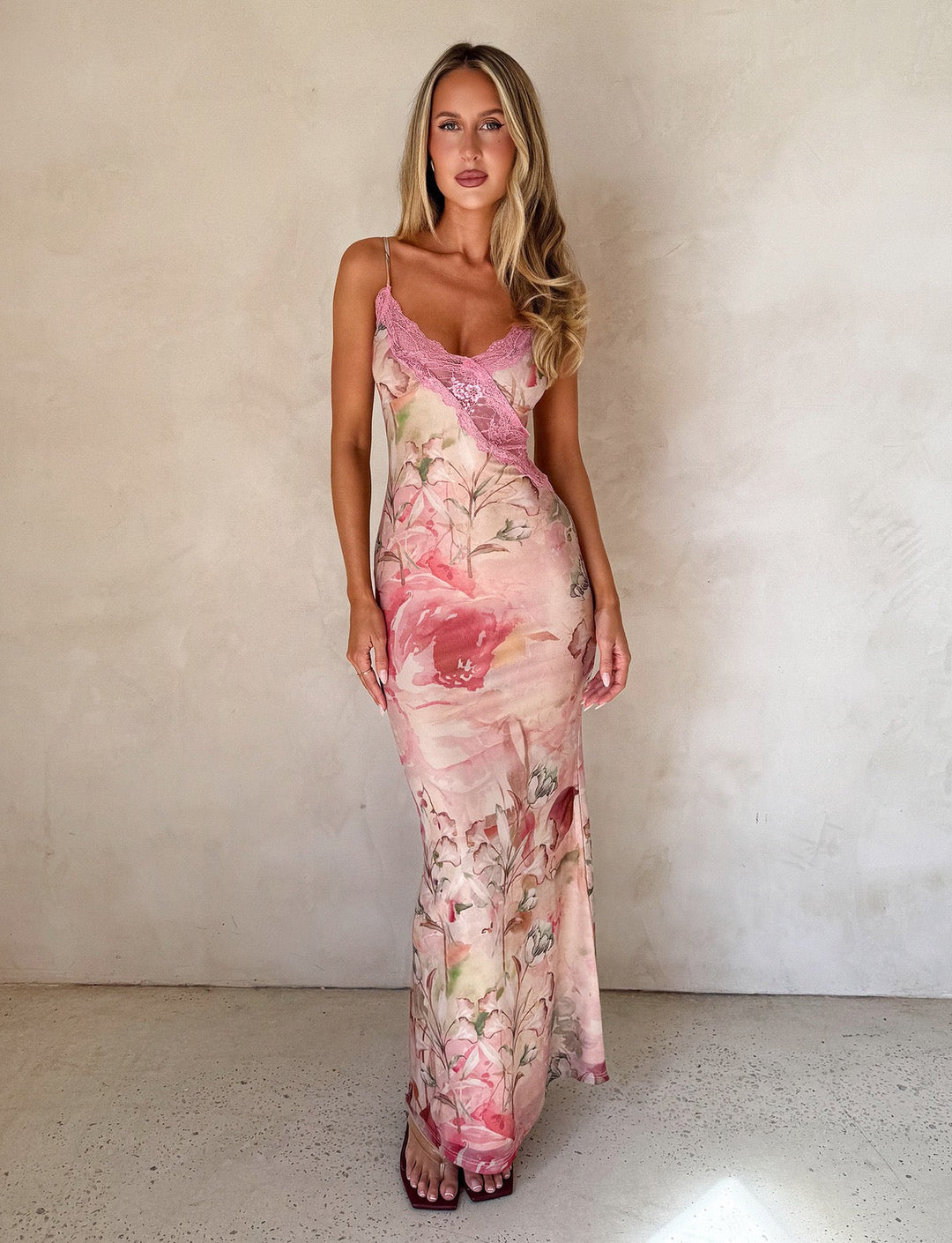 Satin maxi dress with lace trim – ANABELLE