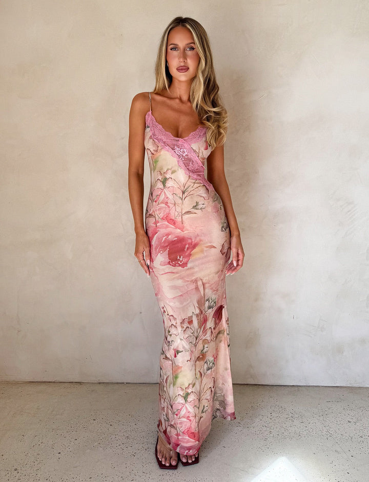 Satin maxi dress with lace trim – ANABELLE