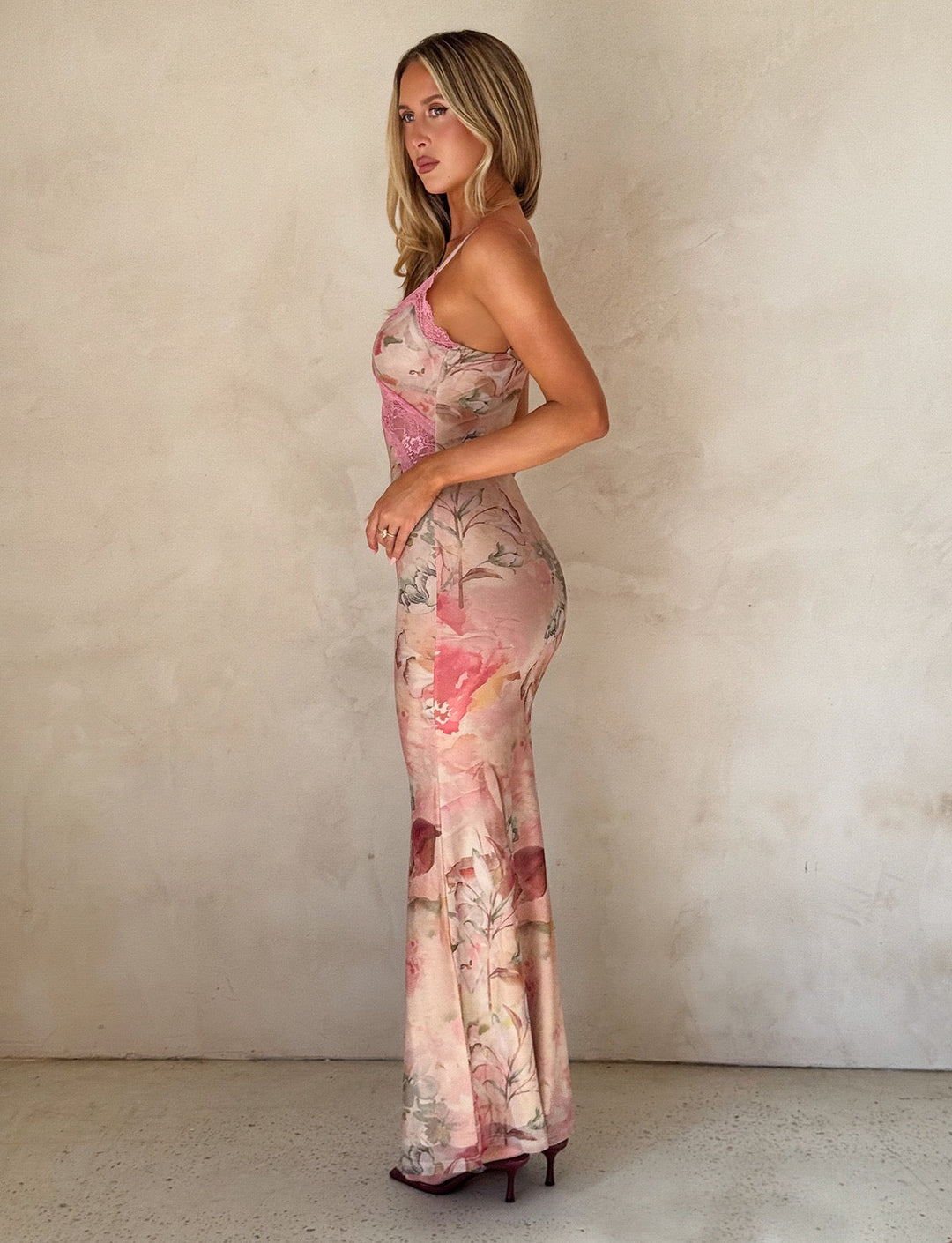 Satin maxi dress with lace trim – ANABELLE