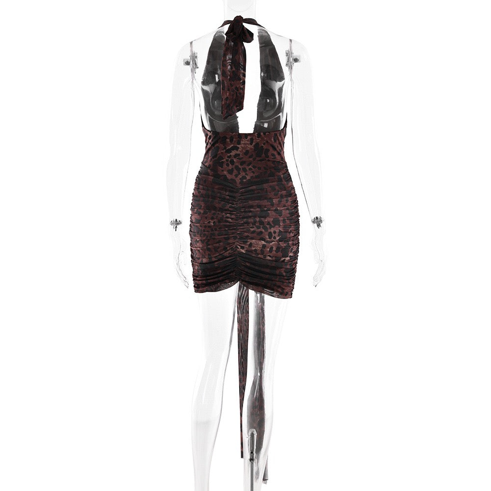 Open Back Tie-Neck Gathered Mini Dress - Zoya