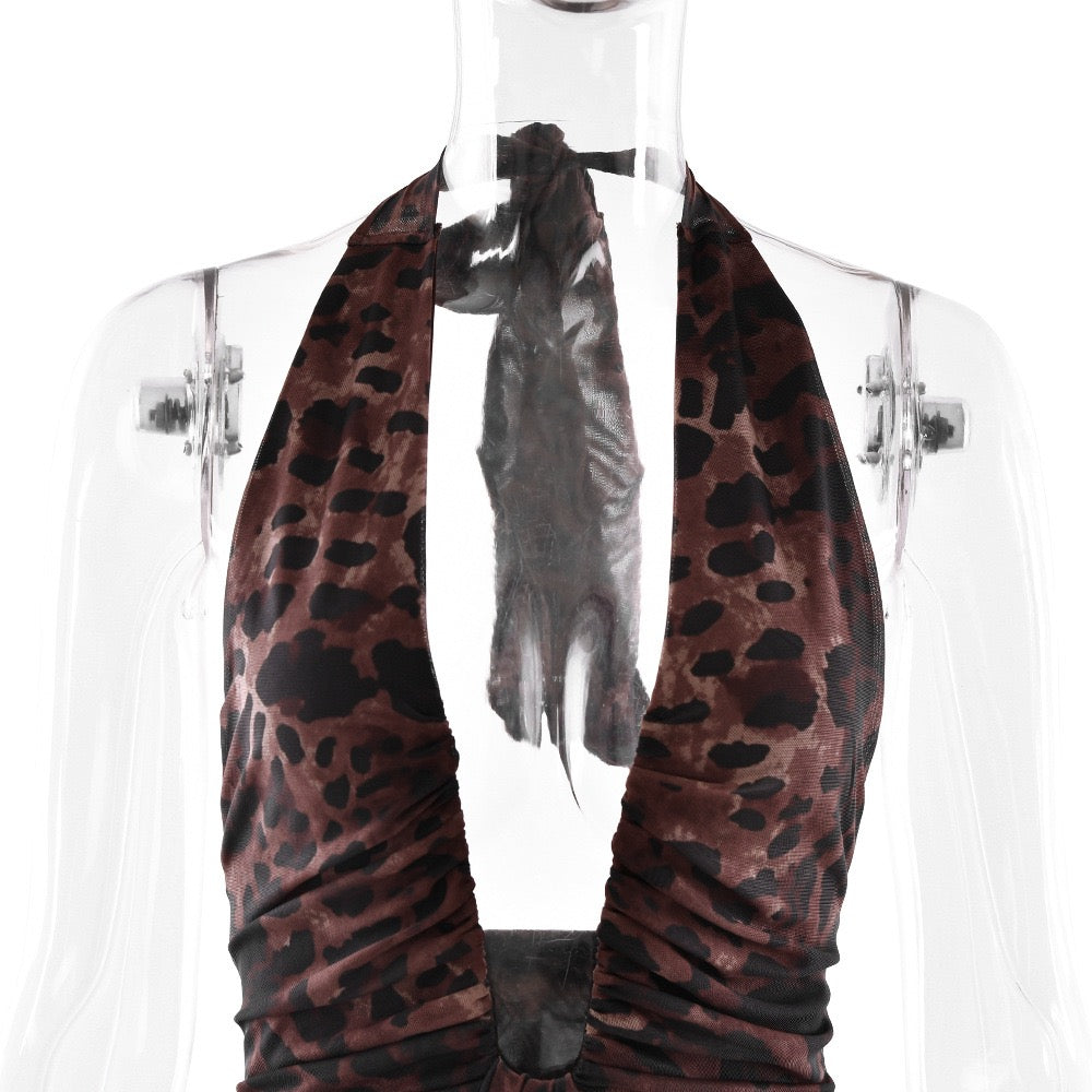 Open Back Tie-Neck Gathered Mini Dress - Zoya