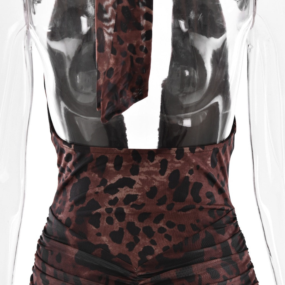 Open Back Tie-Neck Gathered Mini Dress - Zoya