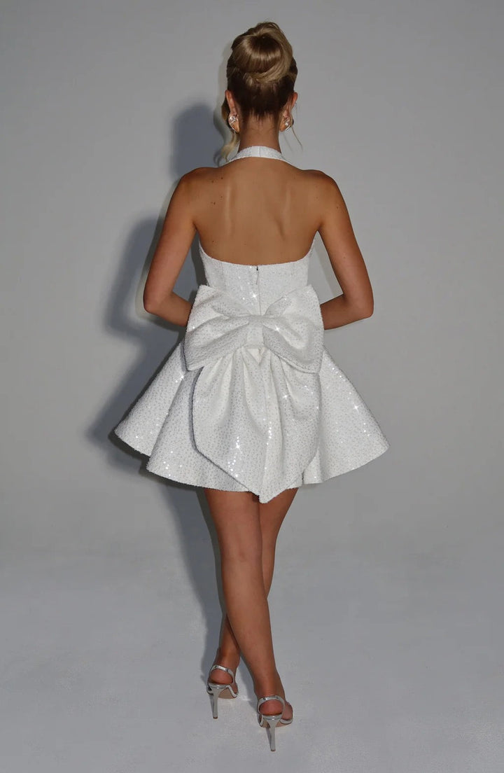 Sequin mini dress with open back and bow tie design - PIA