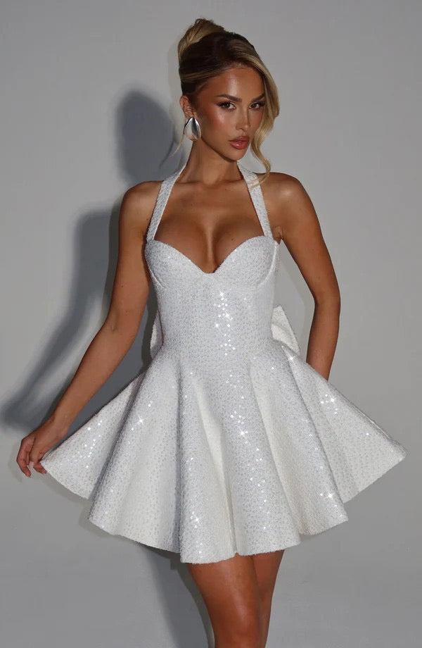 Sequin mini dress with open back and bow tie design - PIA