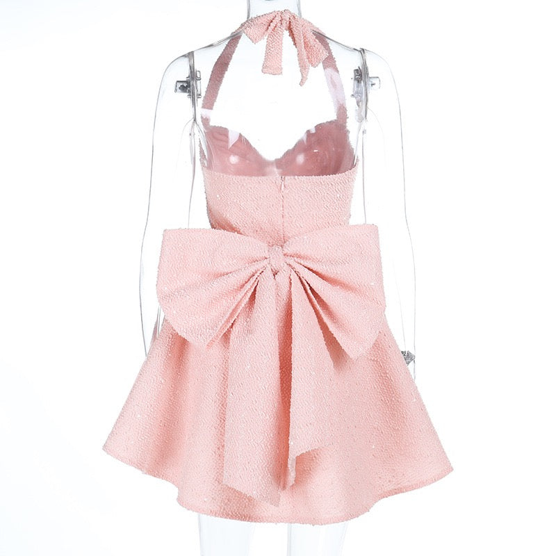 Sequin mini dress with open back and bow tie design - PIA