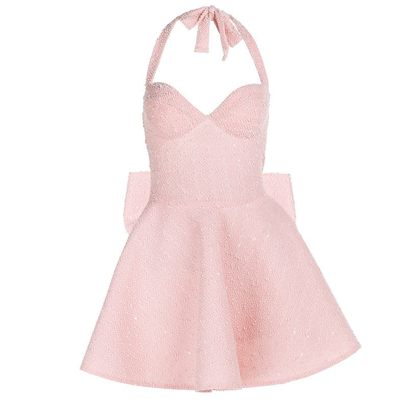 Sequin mini dress with open back and bow tie design - PIA