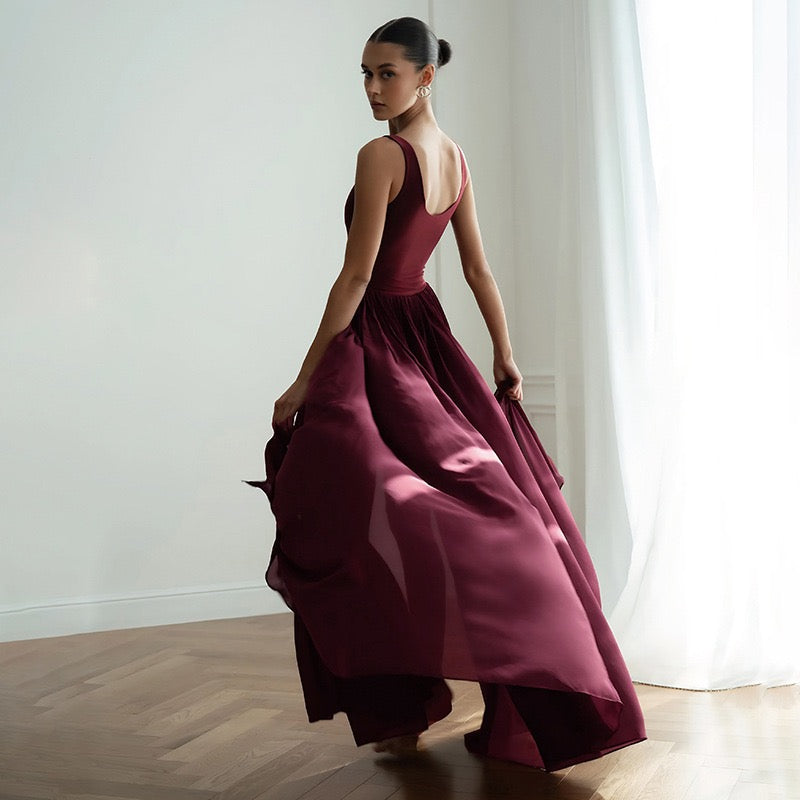 Maxi chiffon dress with bodysuit design and deep slits - JULIAN