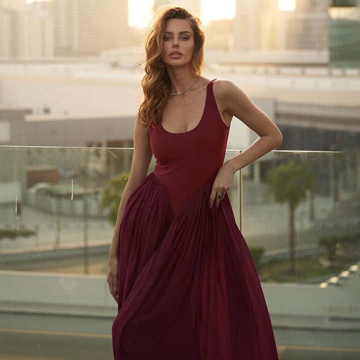 Maxi chiffon dress with bodysuit design and deep slits - JULIAN
