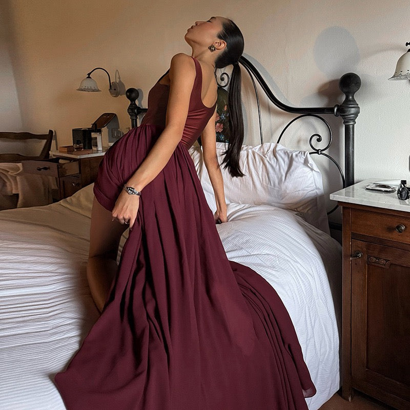 Maxi chiffon dress with bodysuit design and deep slits - JULIAN