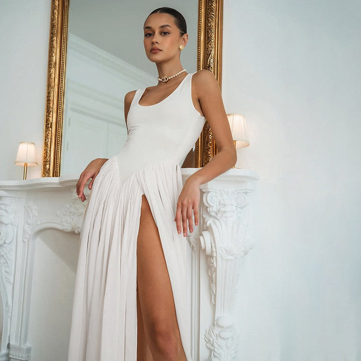 Maxi chiffon dress with bodysuit design and deep slits - JULIAN