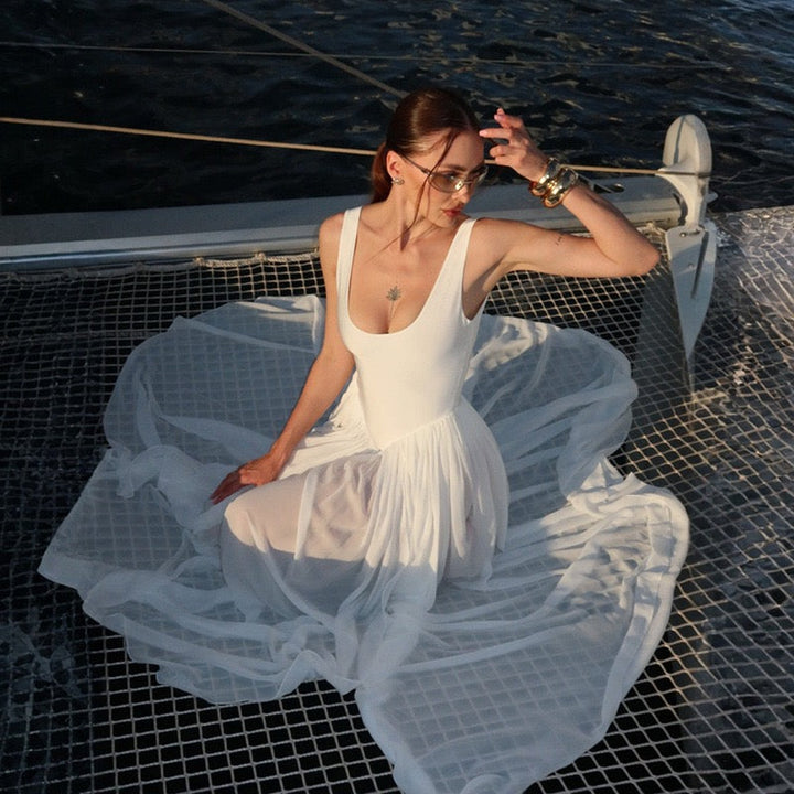 Maxi chiffon dress with bodysuit design and deep slits - JULIAN