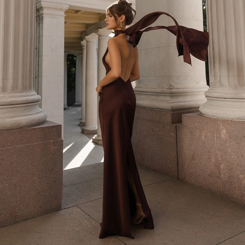 Satin maxi dress with neck ties and an open back – EMMA