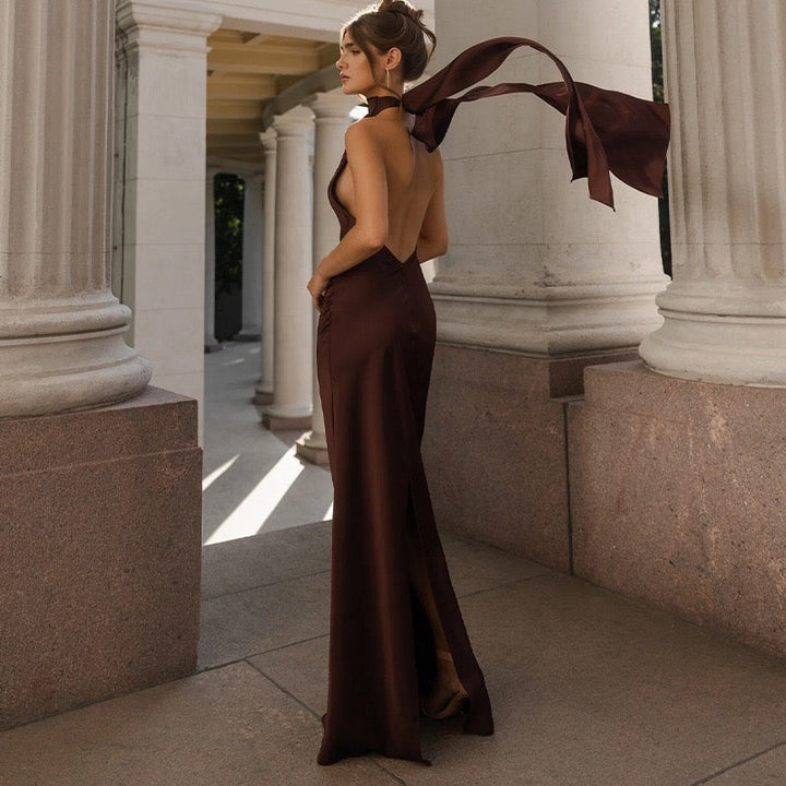 Satin maxi dress with neck ties and an open back – EMMA