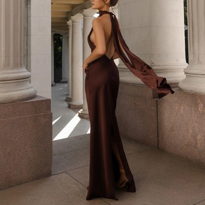 Satin maxi dress with neck ties and an open back – EMMA