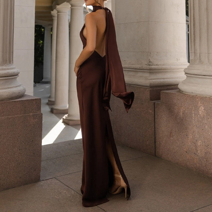 Satin maxi dress with neck ties and an open back – EMMA