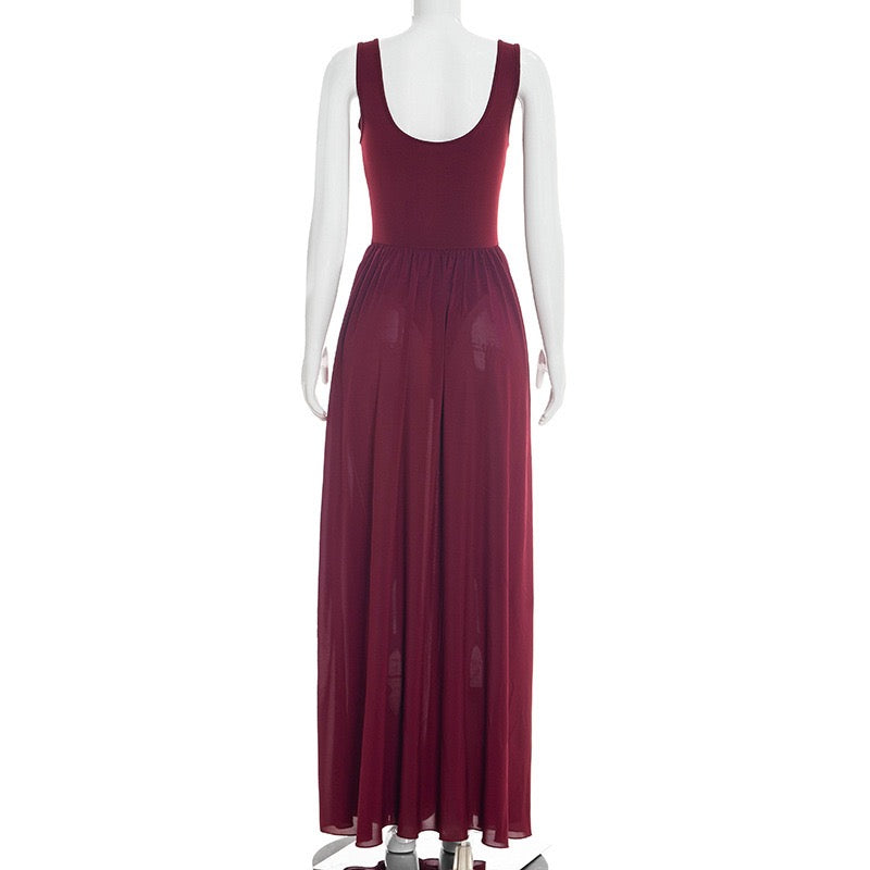 Maxi chiffon dress with bodysuit design and deep slits - JULIAN